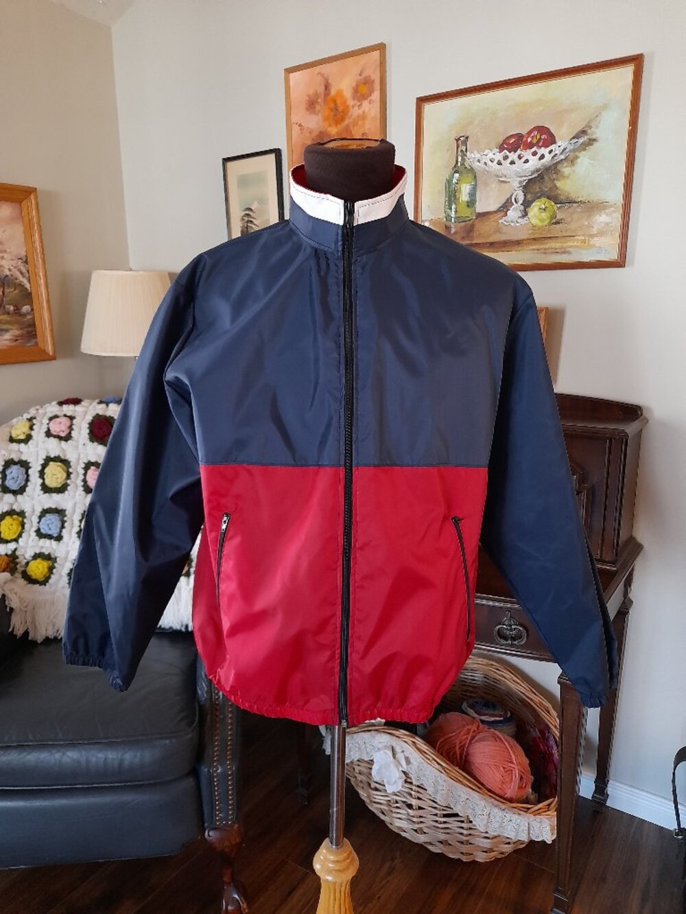 Vintage Nylon Windbreaker Jacket Men Size Medium Red Blue Retro Preppy 80s 90s